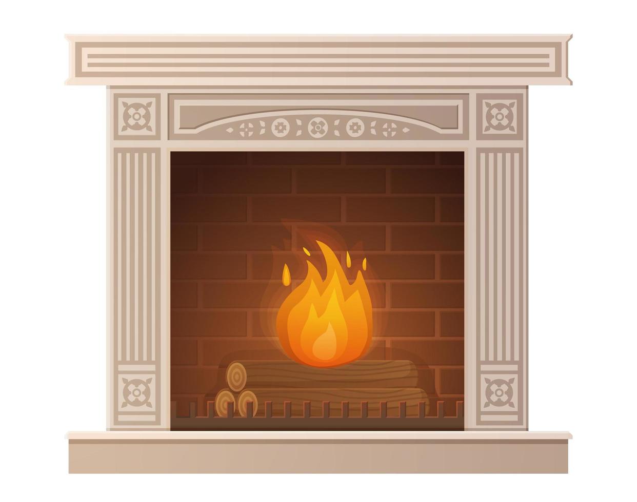 Cozy white stone burning fireplace in cartoon style. vector