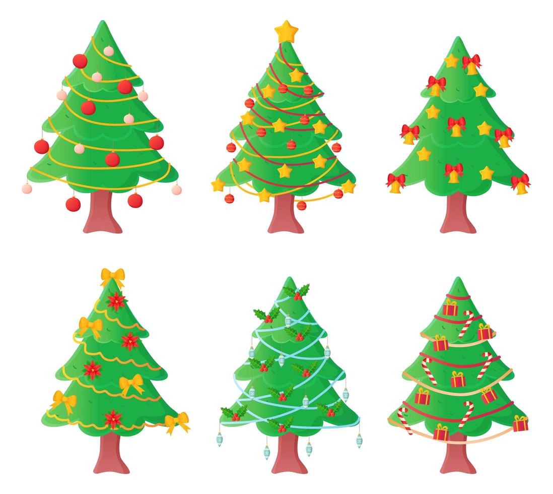 conjunto de bonitos árboles de Navidad decorados con bolas y guirnaldas en estilo de dibujos animados. vector