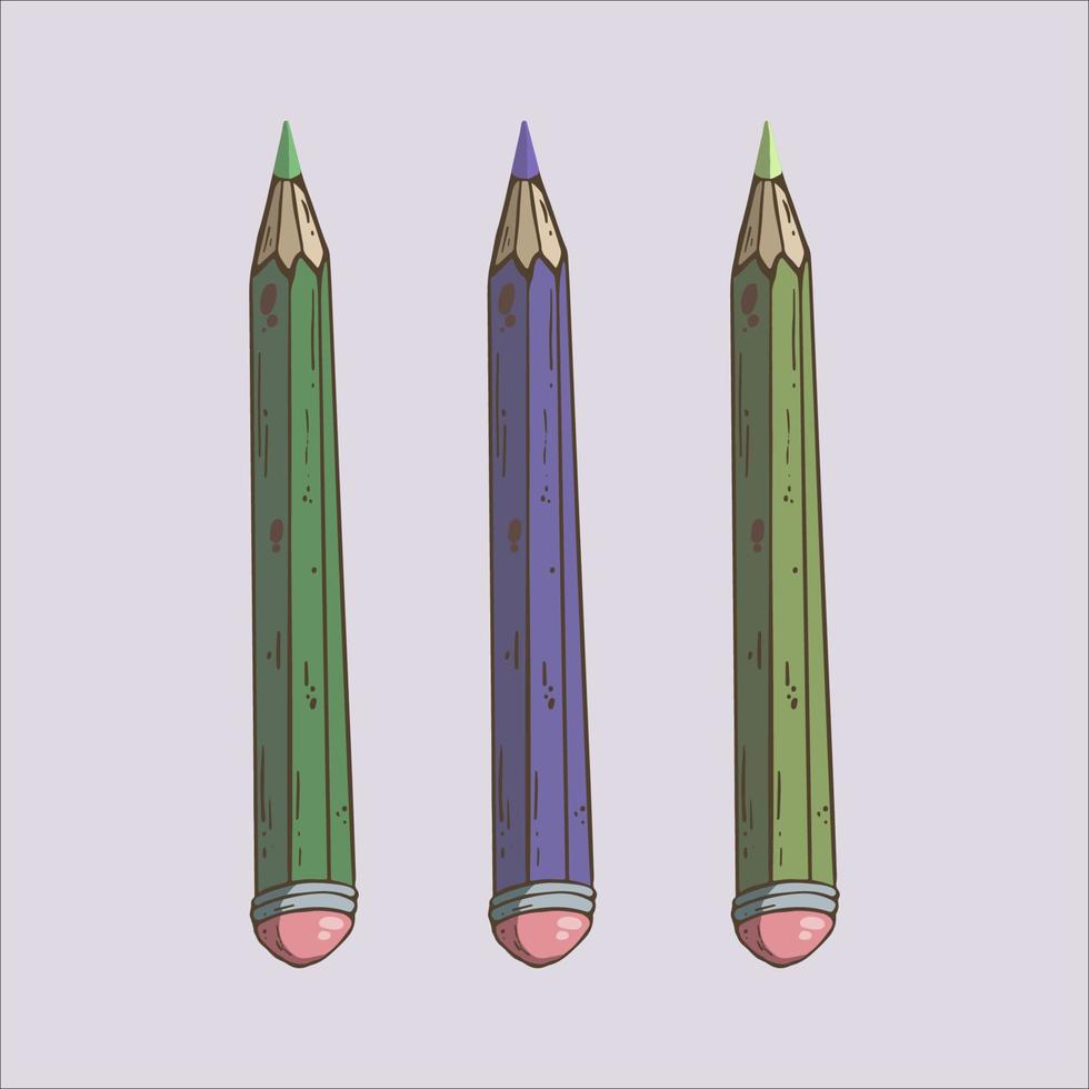 Three different color pencils vertical doodle art vector
