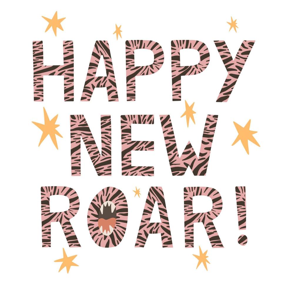 Happy new year tiger striped  pink and black  lettering vector
