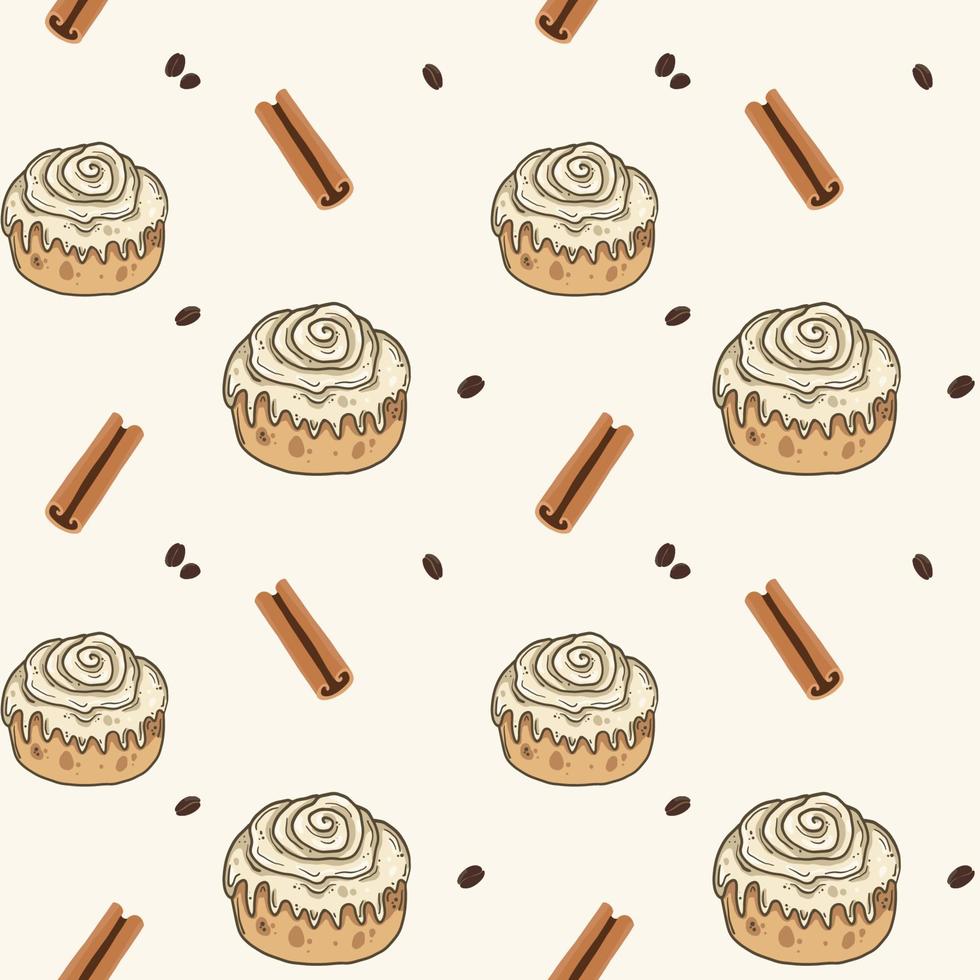 Buns with cinnamon sticks andcoffee beans seamless pattern vector