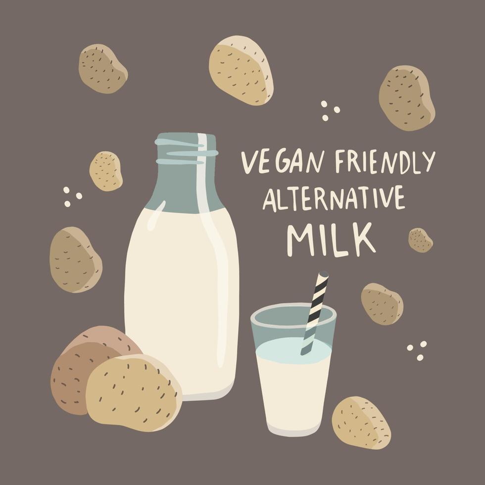 Vegan plant based potato milk in transparent bottle. Alternative potato milk and potato tubers vector