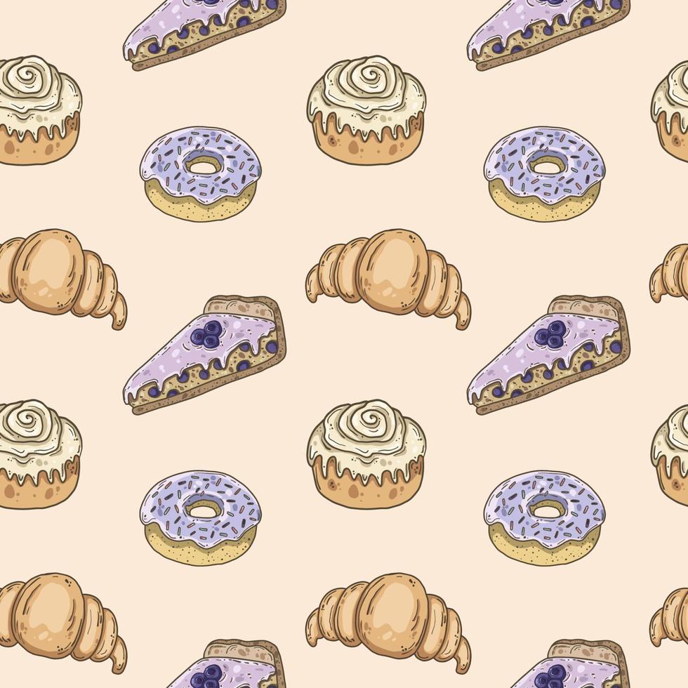 bollo de canela, pastel de arándanos, rosquilla y croissant de patrones sin fisuras. vector