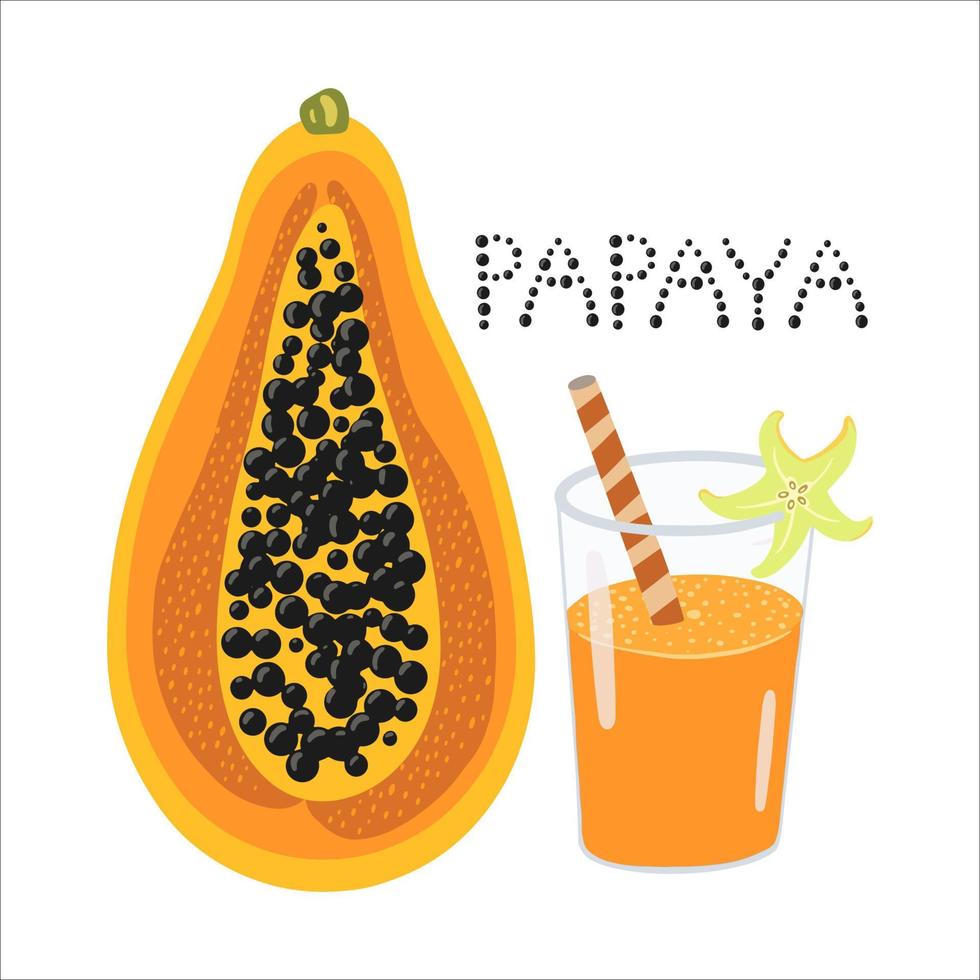 papaya exótica con un vaso de jugo de papaya vector