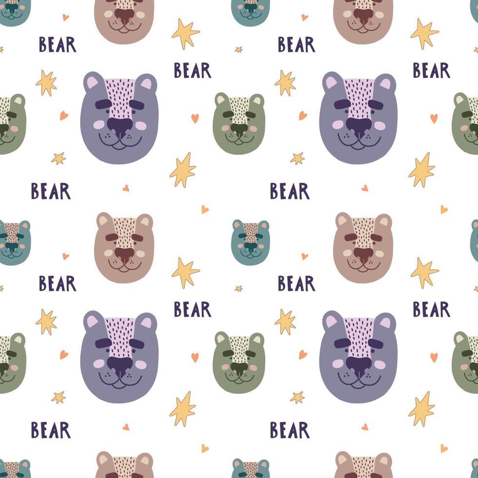 Cute bears seamless pattern with stars and text vector