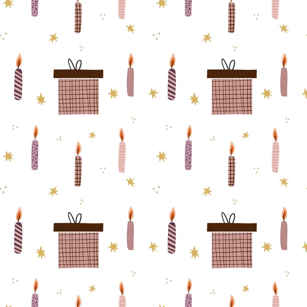Birthday seamless pattern with cake candles, presend box and stars vector