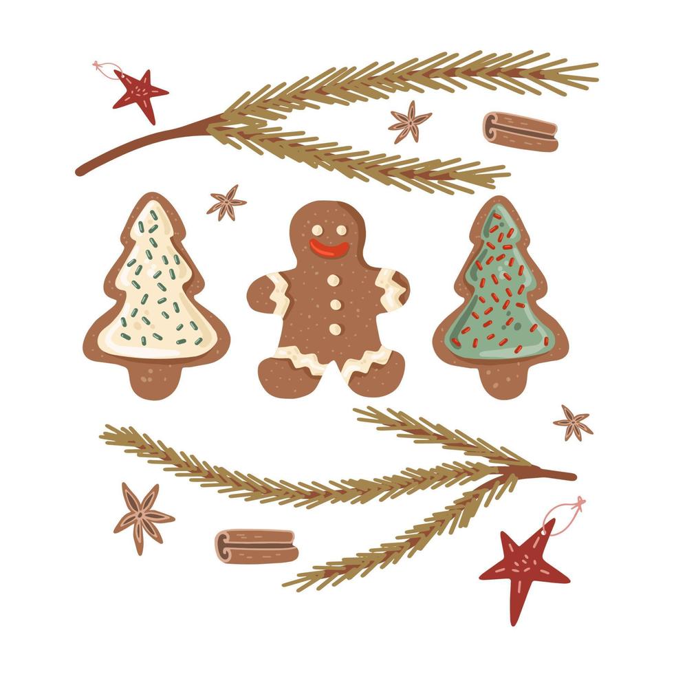 Cute set of 3 gingerbread glazed christmas cookies whith brunches,  spices and stars vector