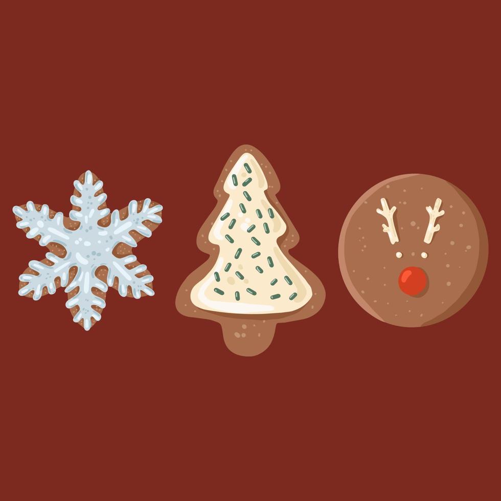 Lindo juego de 3 galletas de Navidad glaseadas de jengibre sobre fondo rojo. vector