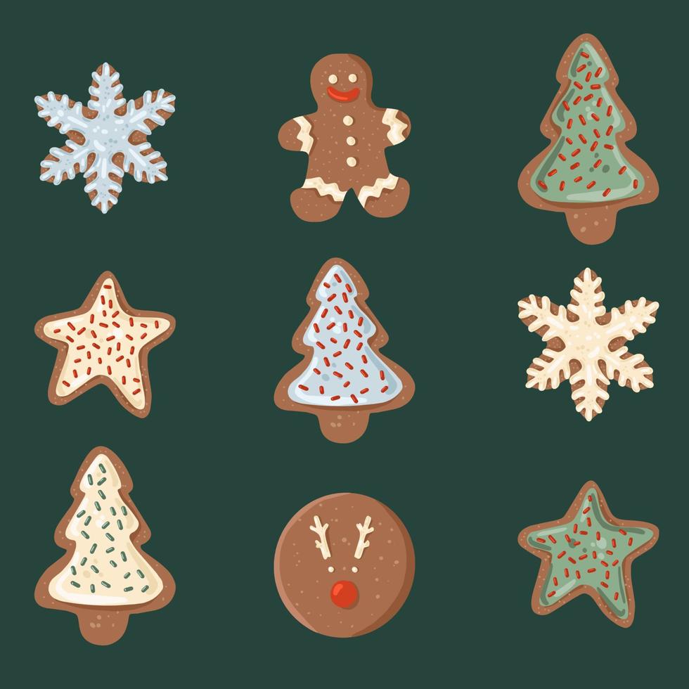Cute set of 9 gingerbread glazed christmas cookies on green background vector