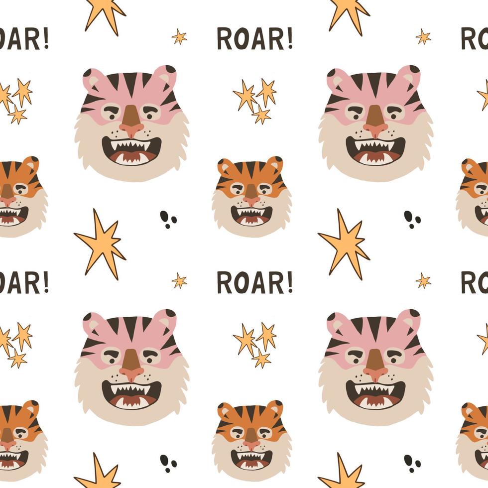 Cute roaring tigers seamless vector pattern design