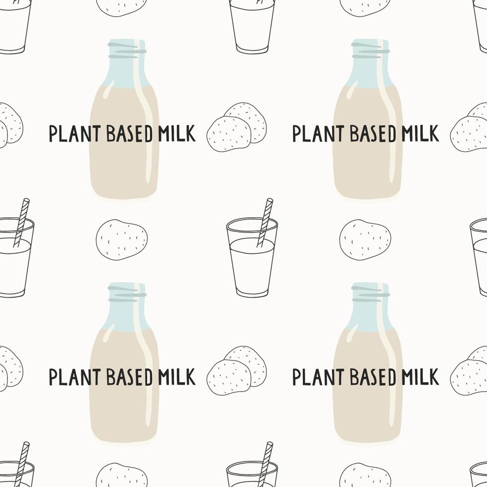 Leche de patata a base de plantas veganas de patrones sin fisuras sobre fondo blanco. vector