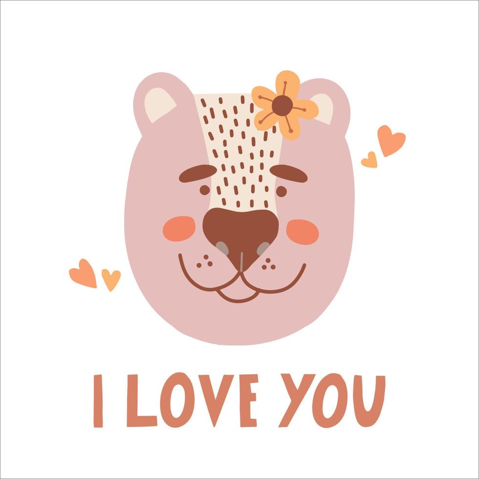 Pink bear girl with flower and lettering on white background vector