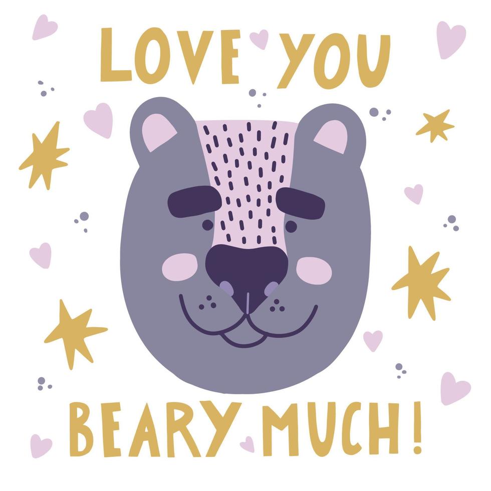 Funny baby bear hand drawn childish illustratoin with text  and hearts vector