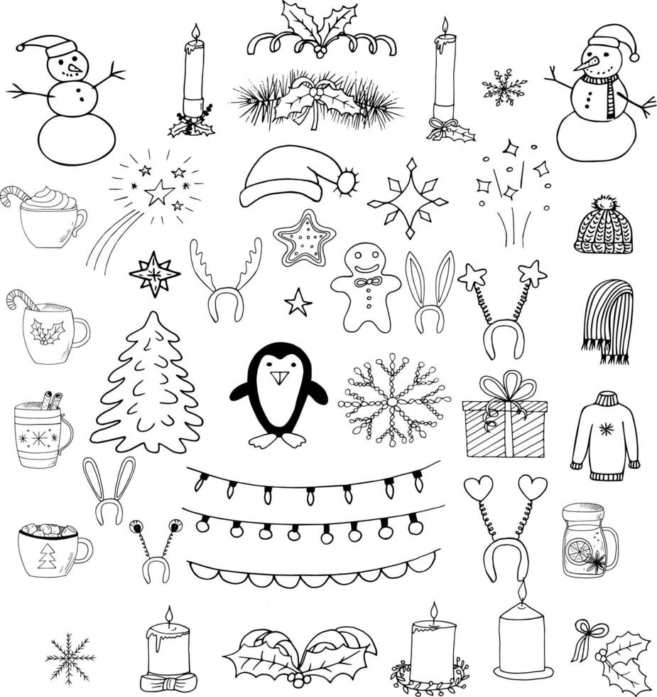 Navidad conjunto doodle dibujado a mano. minimalismo. colección de invierno, velas, decoración, muñeco de nieve, ropa de bebida caliente vector