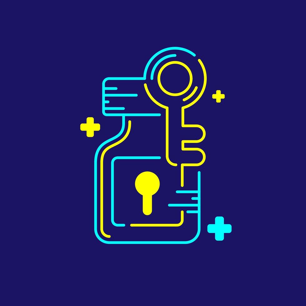 Logo covid-19 vaccine lock bottle keyhole and key with cross icon, Vaccination Campaign problem exit concept design illustration blue and yellow color isolated on dark blue background vector