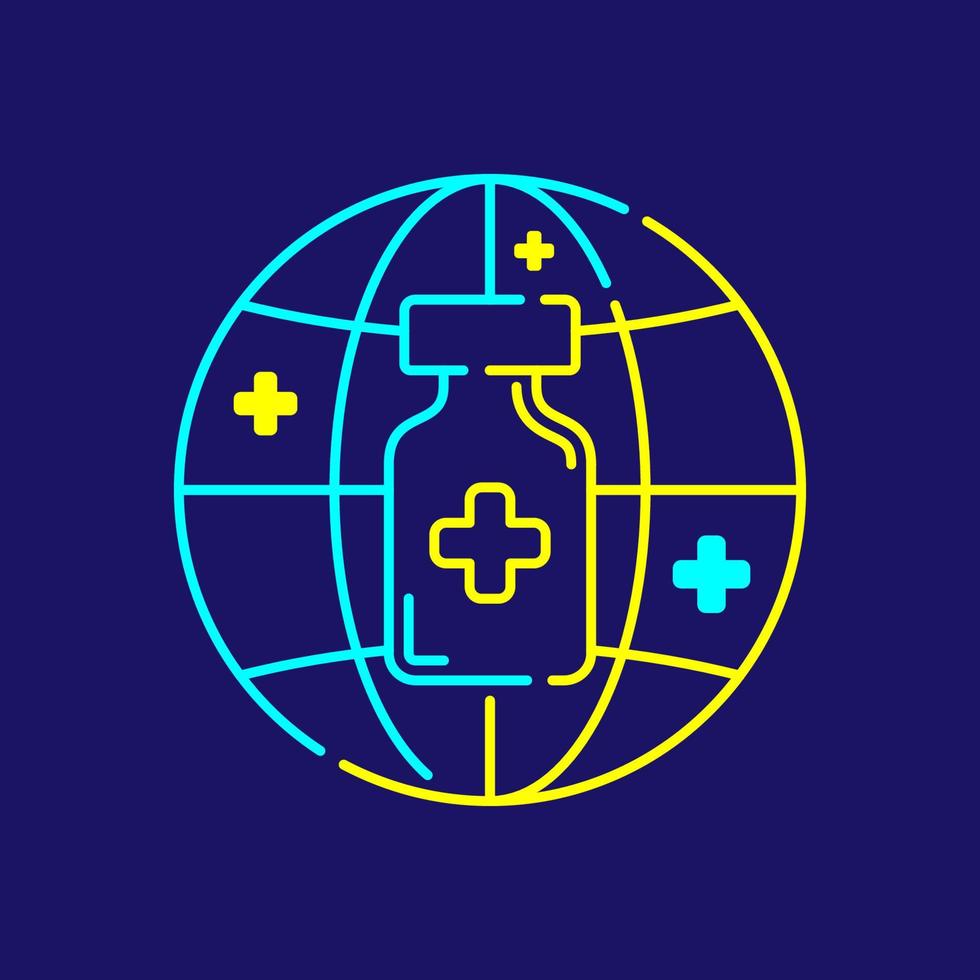 Logo covid-19 vaccine bottle, network with cross icon, Vaccination Campaign global travel bubble guide illustration blue, yellow color isolated on dark blue background vector