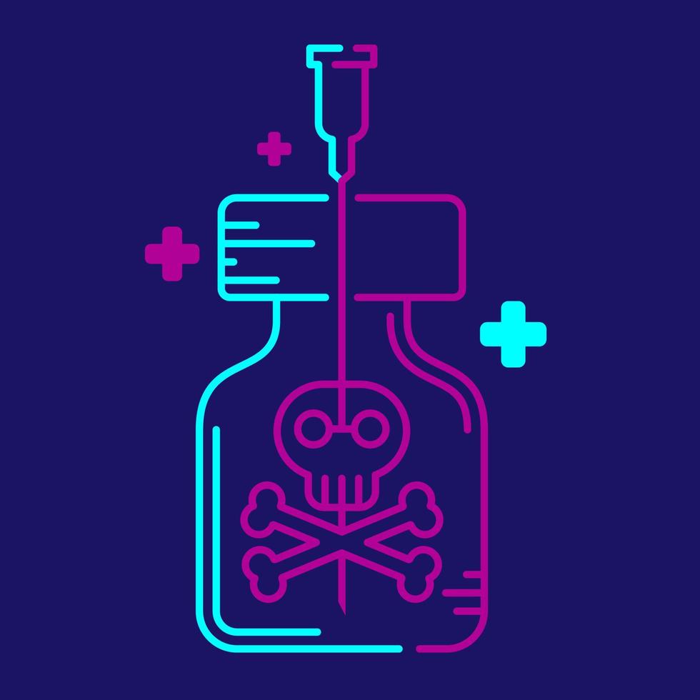 Logo covid-19 vaccine Crossbones symbol in bottle and Syringe Tip with cross icon, Vaccination problem risk dead concept design illustration blue, purple color isolated on dark blue background vector