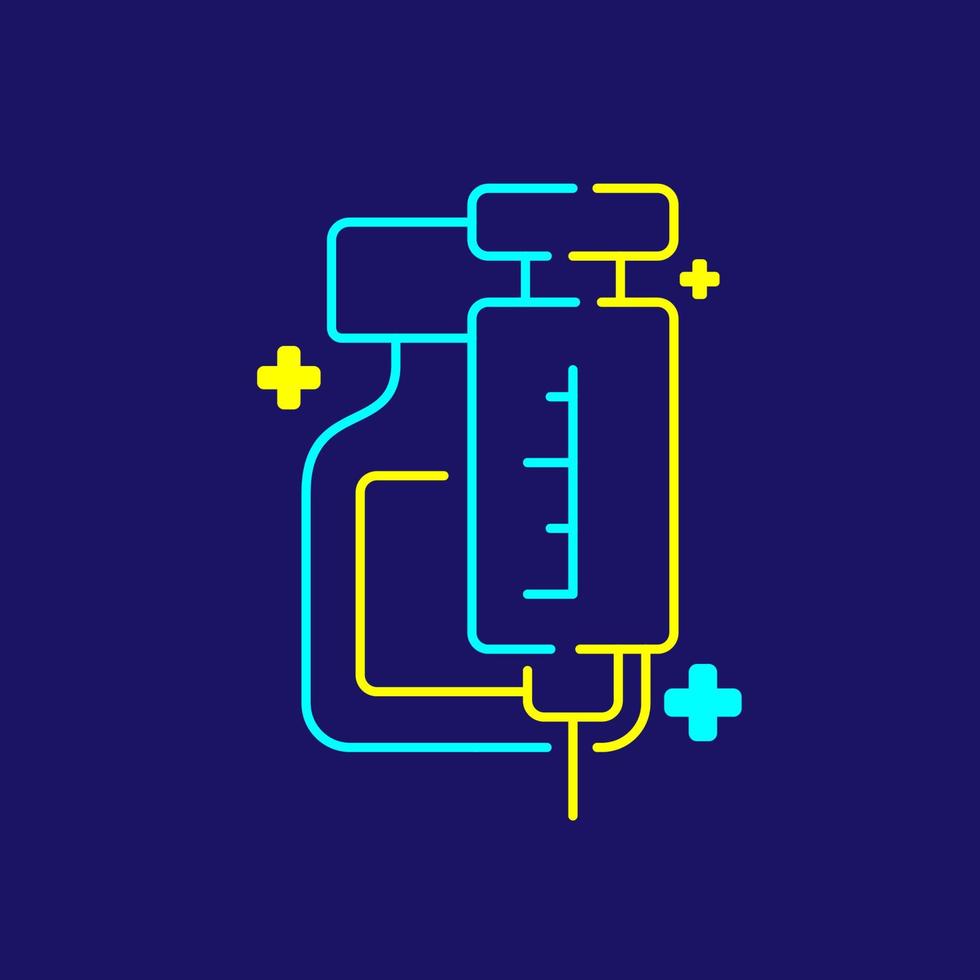 Logotipo de la botella y la jeringa de la vacuna covid-19 con el icono de la cruz, ilustración del diseño del concepto de la campaña de vacunación, color azul, amarillo aislado sobre fondo azul oscuro vector