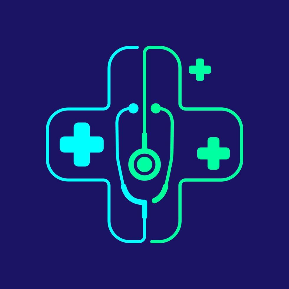 Logo Stethoscope in Cross frame with cross icon, Medical doctor take care concept design illustration blue, green color isolated on dark blue background vector