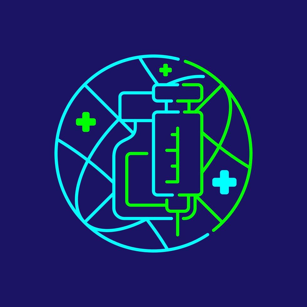 Logo covid-19 vaccine bottle, syringe, network with cross icon, Vaccination Campaign global travel bubble guide illustration blue, green color isolated on dark blue background vector