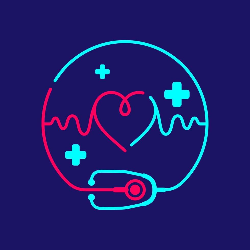 Logo Stethoscope and heartbeat wave in circle frame with cross icon, Medical doctor take care concept design illustration blue, green color isolated on dark blue background vector