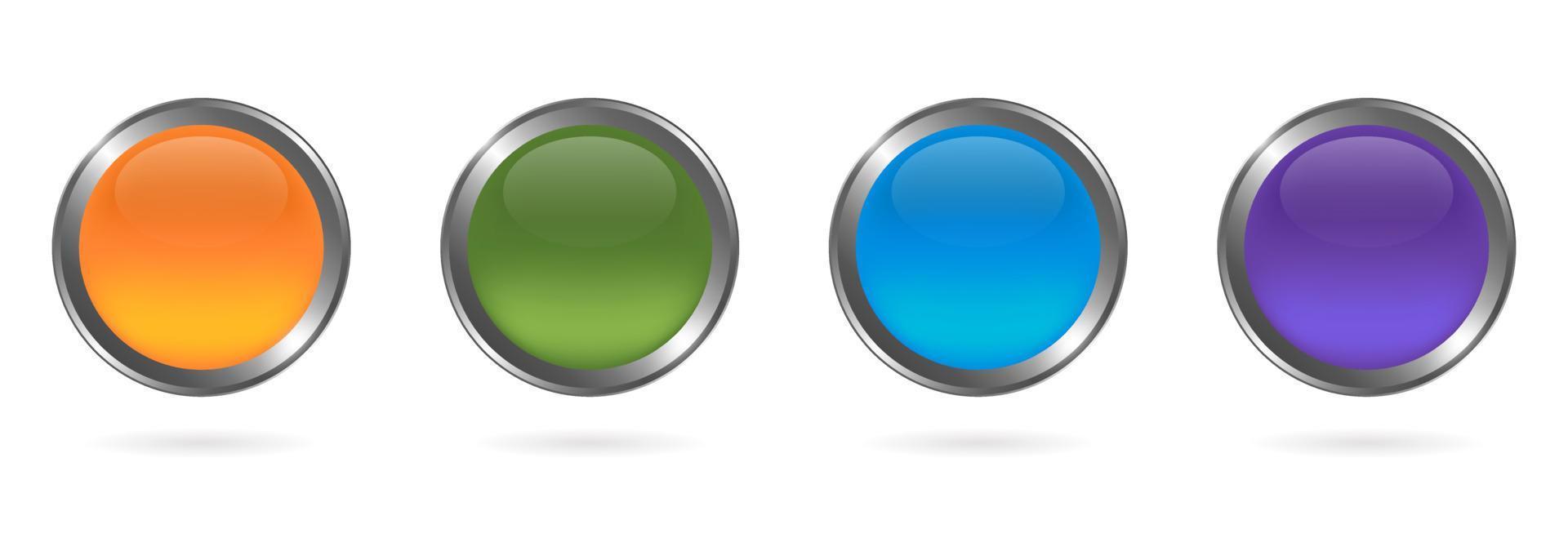 Conjunto de botón redondo de colores de vidrio con marco plateado vector