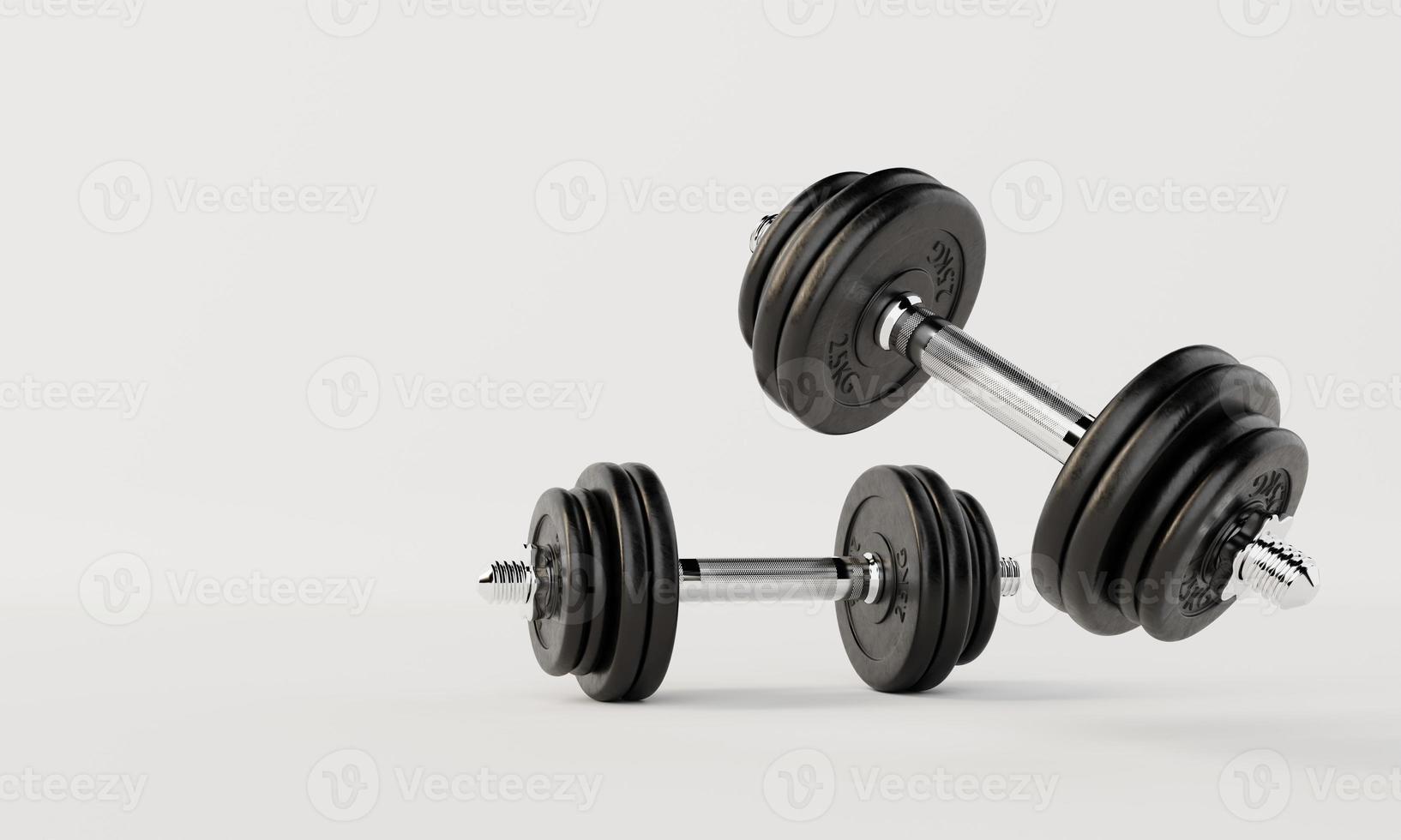 Two dumbbells on isolated white background. Fitness and sport concept. 3D illustration rendering photo
