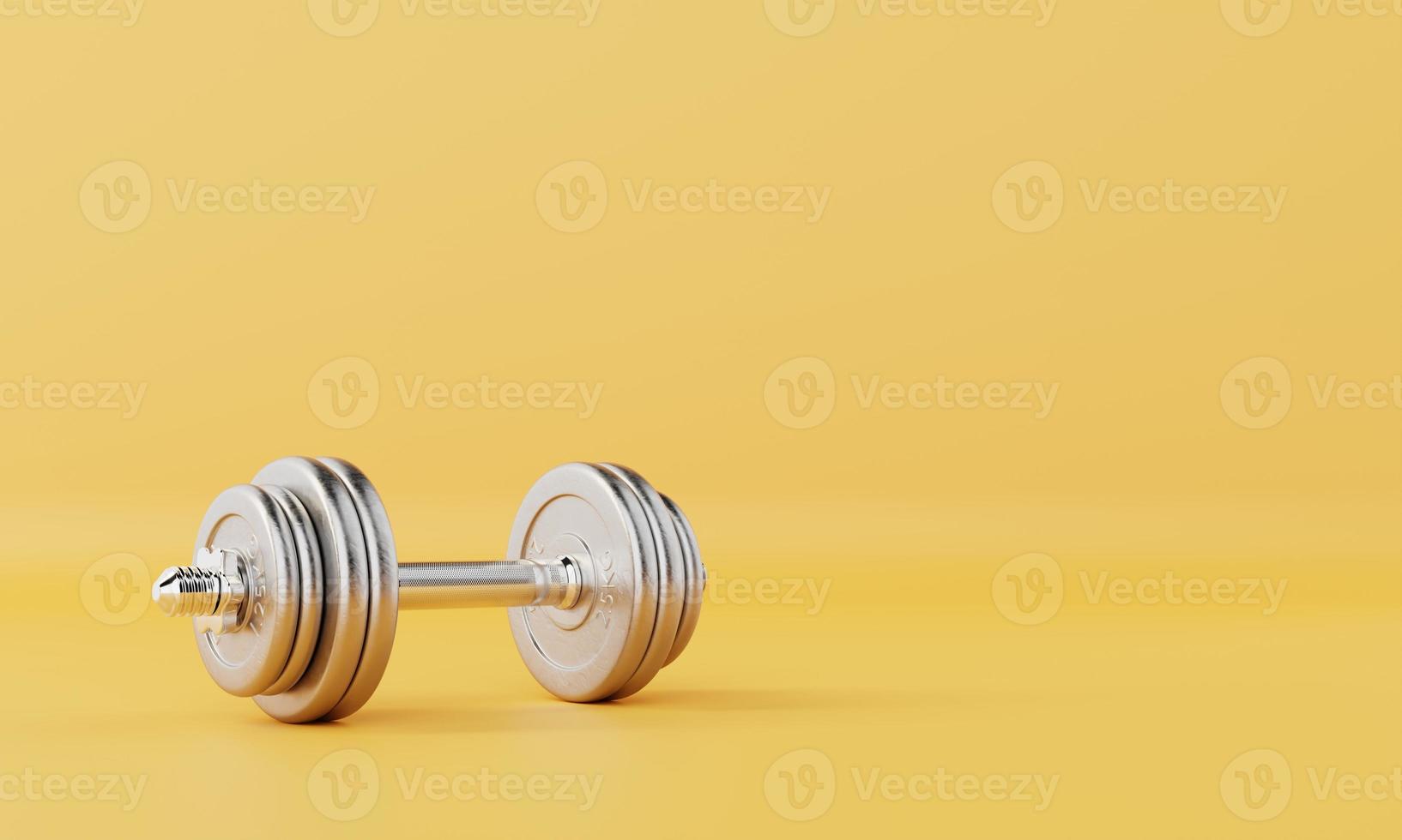 One dumbbell on isolated yellow background. Fitness accessories and sports object concept. 3D illustration rendering photo