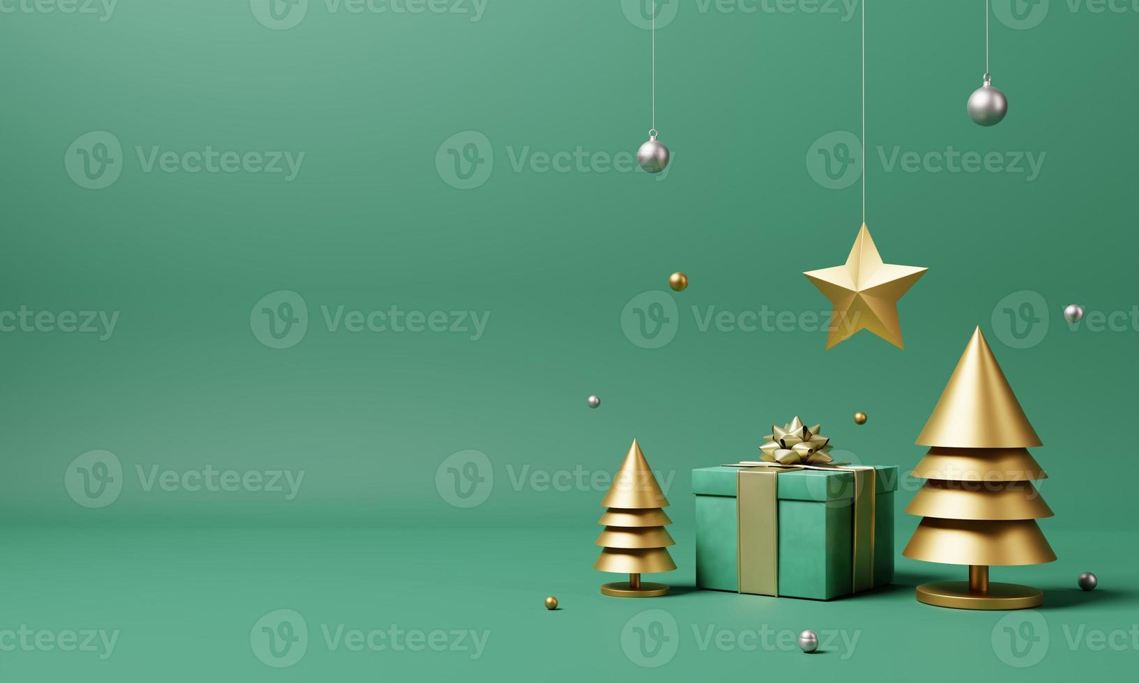 Navidad establece decoración y adorno con árbol de Navidad dorado y copo de nieve sobre fondo verde aislado. festival de vacaciones y concepto de objeto minimalista. Representación de la ilustración 3d foto