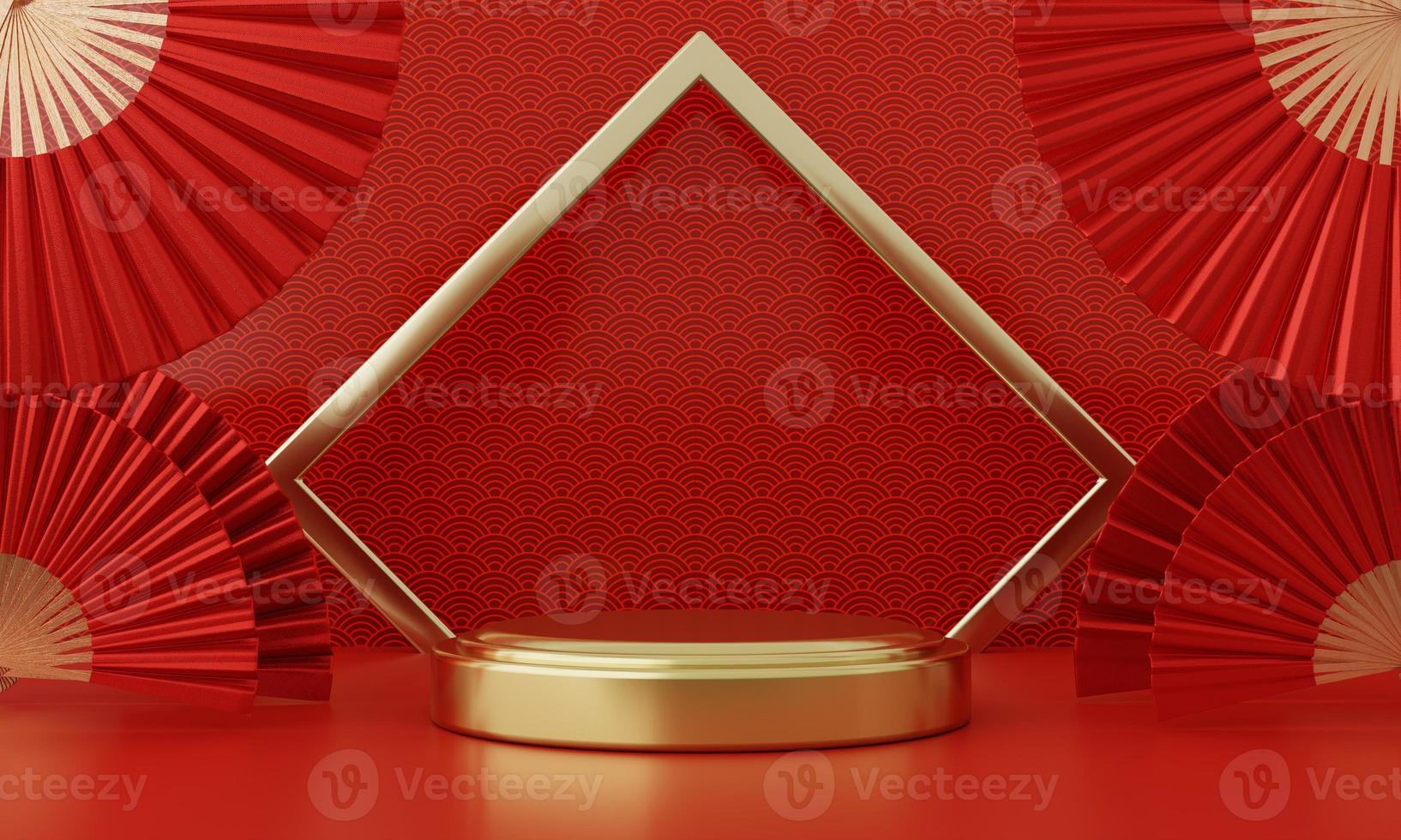 Chinese New Year red modern style one podium product showcase with golden ring frame Japanese style pattern background. Happy holiday traditional festival concept. 3D illustration rendering photo