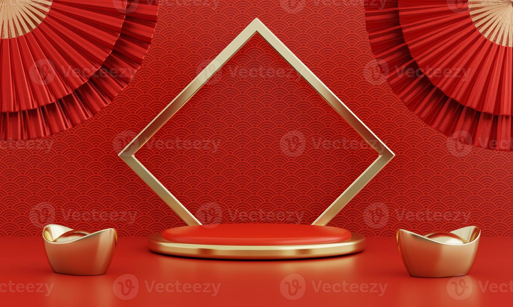 escaparate de productos de podio de estilo moderno rojo de año nuevo chino con marco de anillo dorado y fondo de patrón de China. concepto de fiesta tradicional de felices fiestas. Diseño gráfico de renderizado de ilustración 3d foto