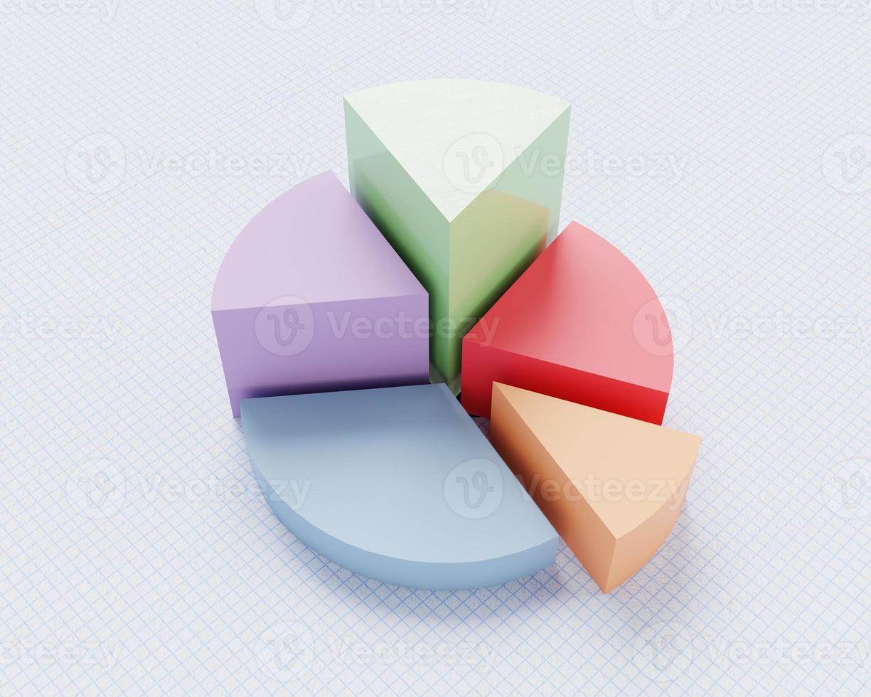 Gráfico circular multicolor en textura de gráfico de papel de línea azul. estrategia empresarial y concepto financiero. vista de perspectiva. Representación de la ilustración 3d foto