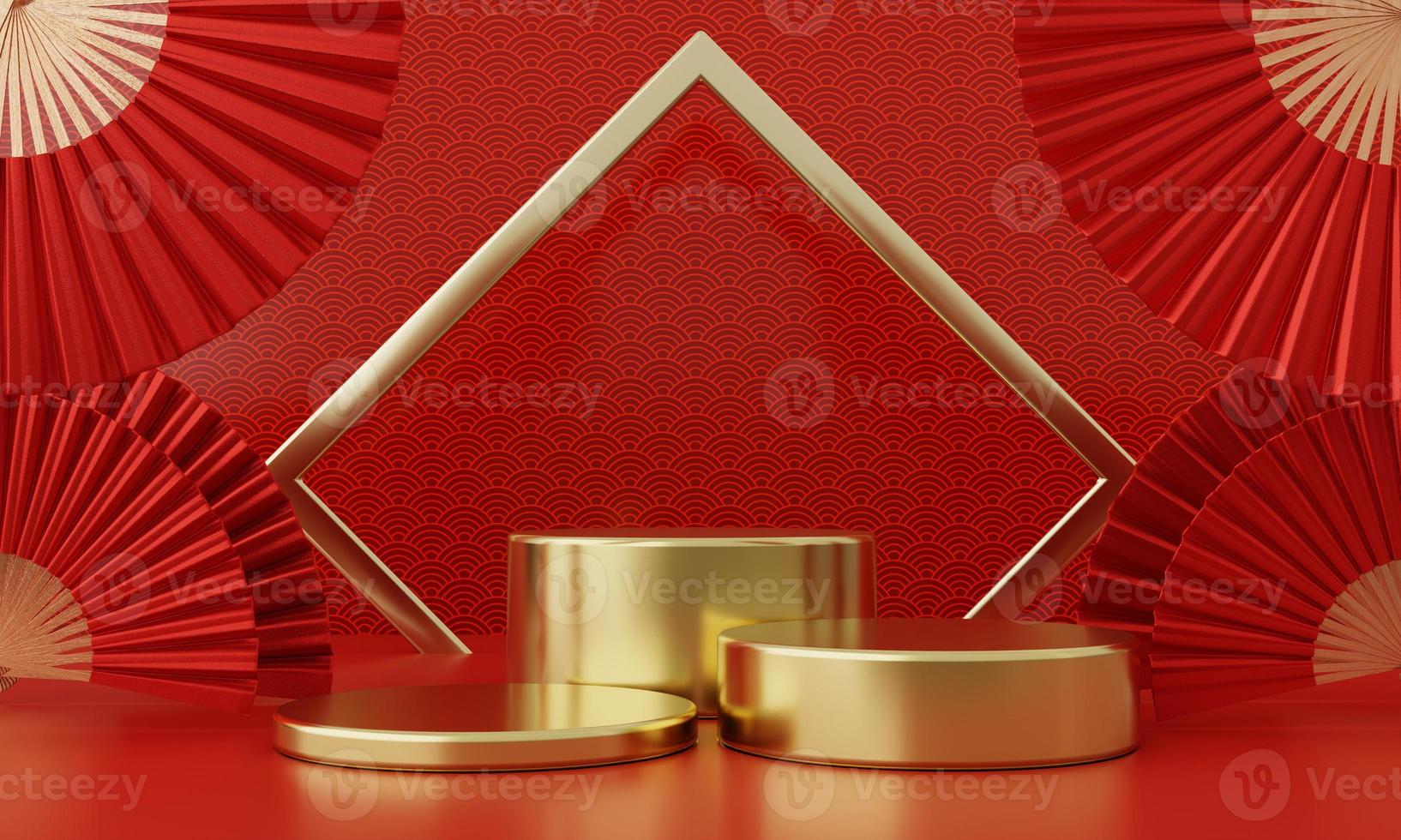 Chinese New Year red modern style three podium product showcase with golden ring frame Japanese style pattern background. Happy holiday traditional festival concept. 3D illustration rendering photo