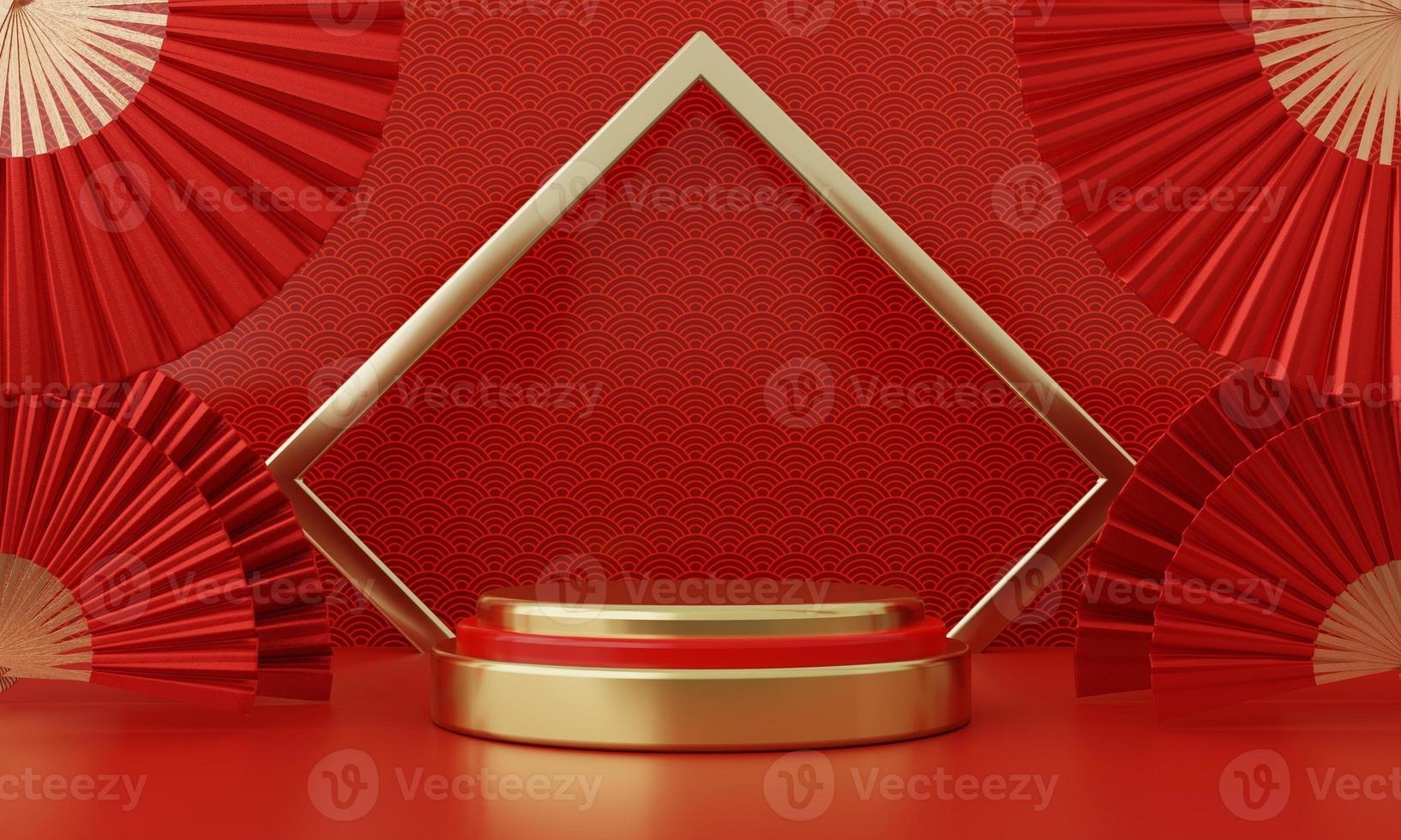 Chinese New Year red modern style one podium product showcase with golden ring frame Japanese style pattern background. Happy holiday traditional festival concept. 3D illustration rendering photo