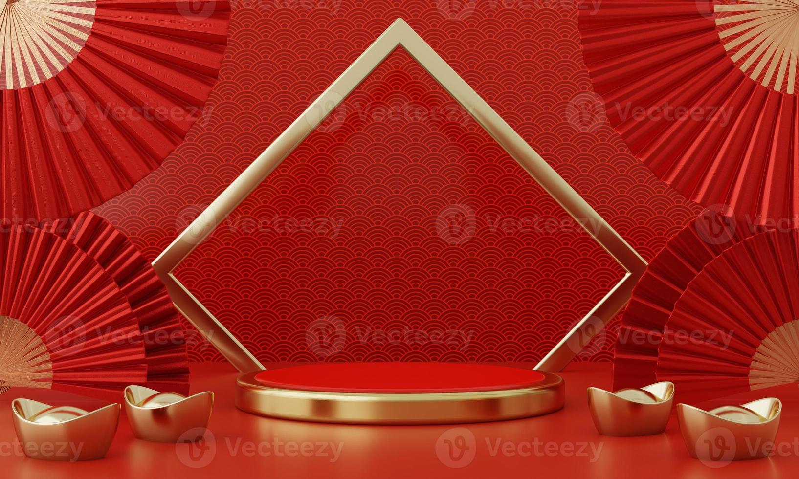 Chinese New Year red modern style one podium product showcase with golden ring frame Japanese style pattern background. Happy holiday traditional festival concept. 3D illustration rendering photo