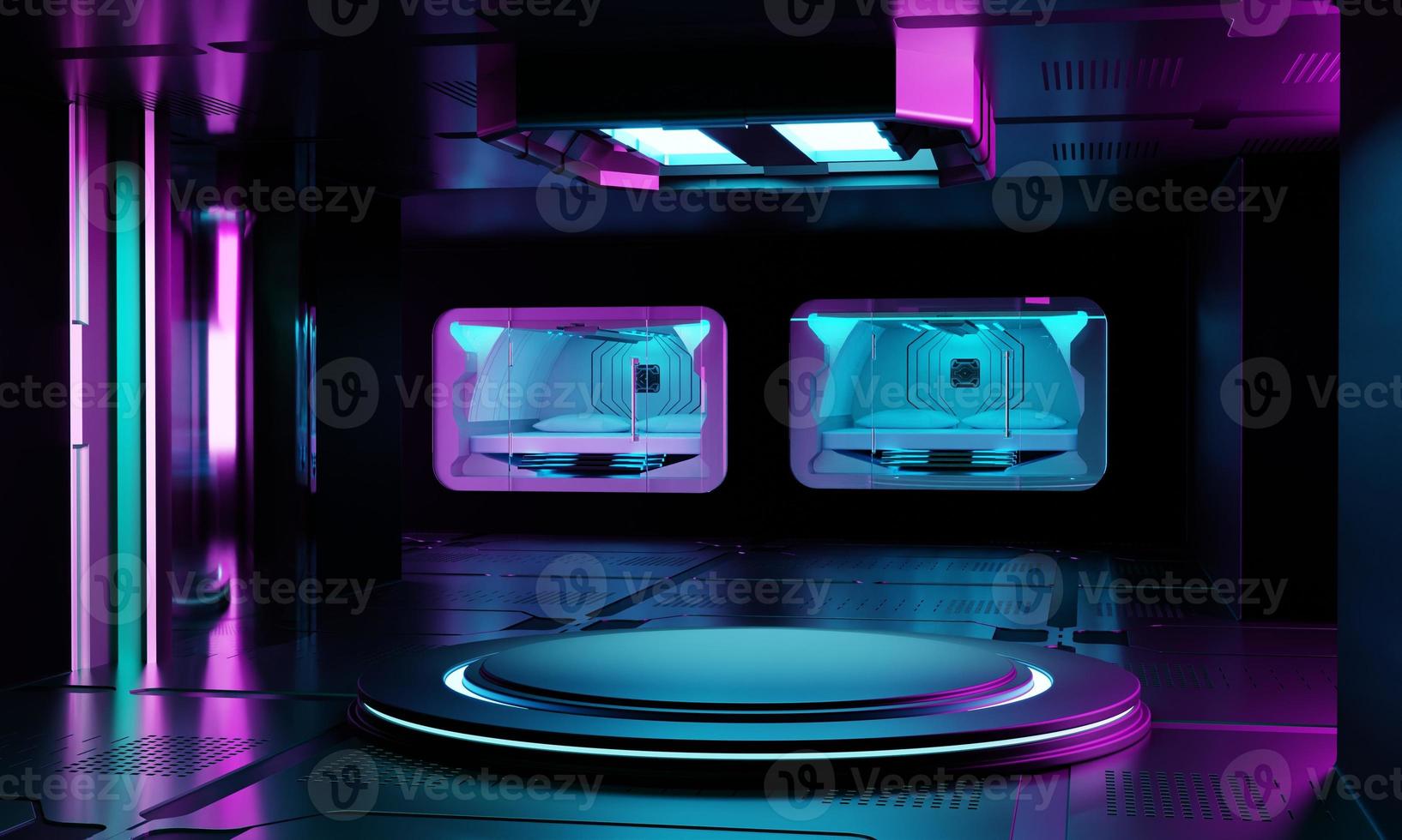 Inside spaceship laboratory interior architecture and empty podium for cyberpunk product presentation. Technology and Sci-fi concept. 3D illustration rendering photo