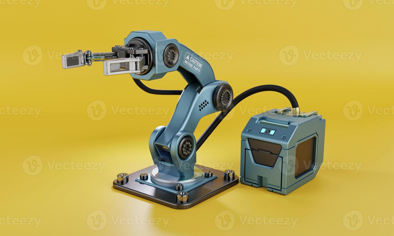 Robot arm with hand grip and power supply for manufacturing industrial plant on yellow background. Technology and Futuristic concept. Artificial intelligence and Iot. 3D illustration rendering photo