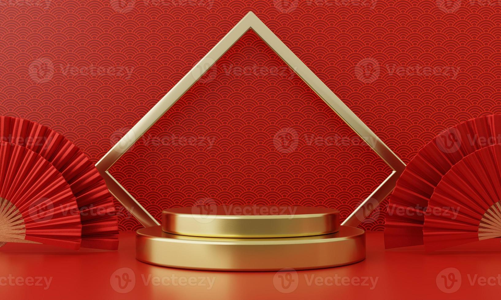 escaparate de productos de podio de estilo moderno rojo de año nuevo chino con marco de anillo dorado y fondo de patrón de China. concepto de fiesta tradicional de felices fiestas. Diseño gráfico de renderizado de ilustración 3d foto