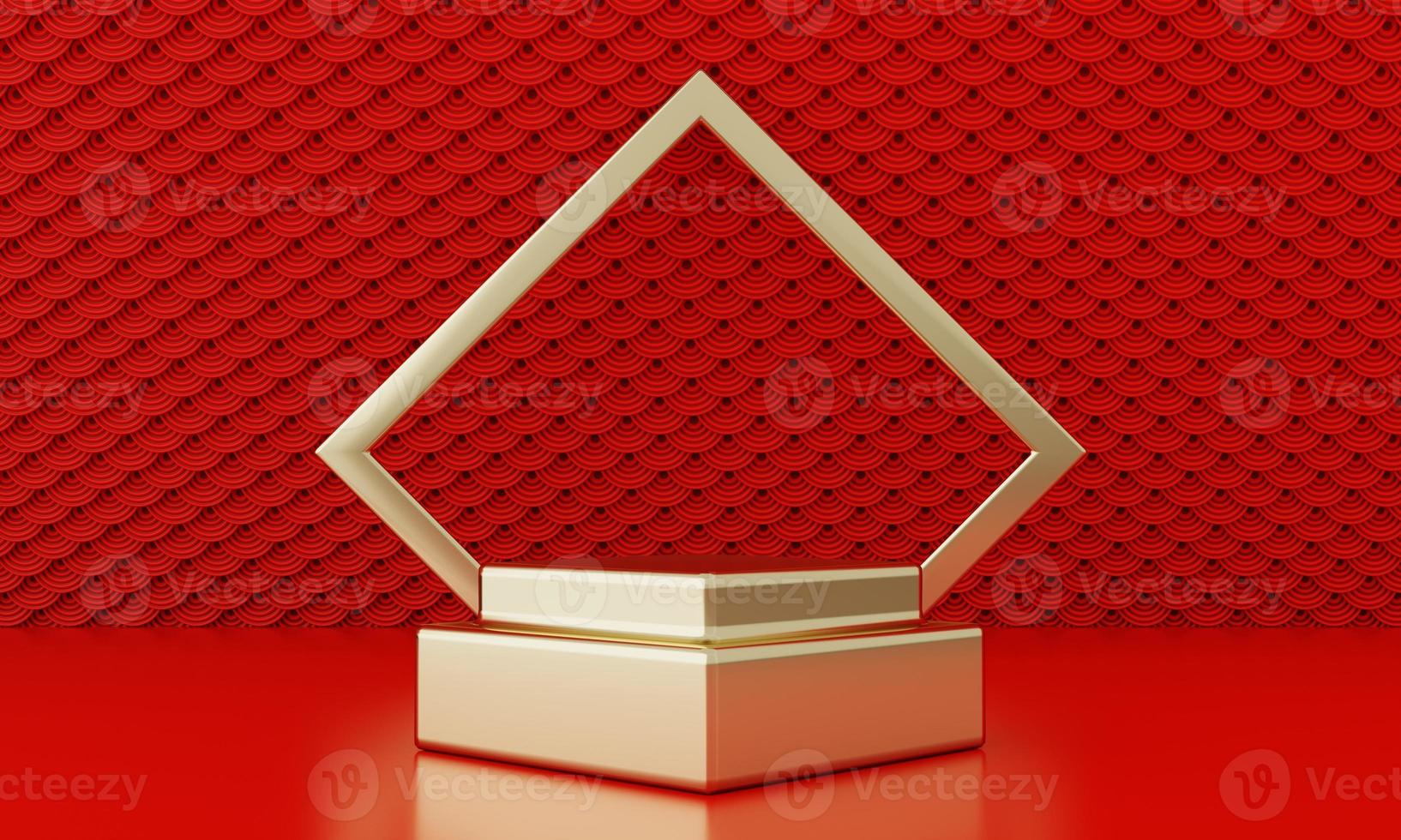Chinese New Year red modern style one podium product showcase with golden ring frame Japanese style pattern background. Happy holiday traditional festival concept. 3D illustration rendering photo