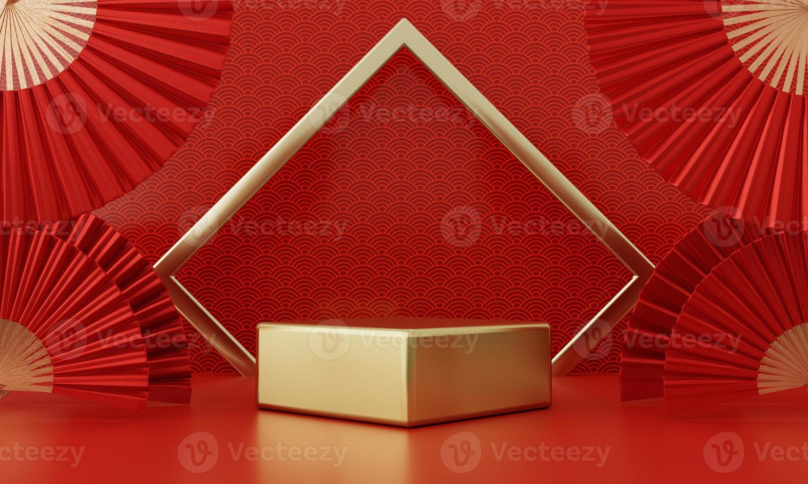 Chinese New Year red modern style one podium product showcase with golden ring frame Japanese style pattern background. Happy holiday traditional festival concept. 3D illustration rendering photo