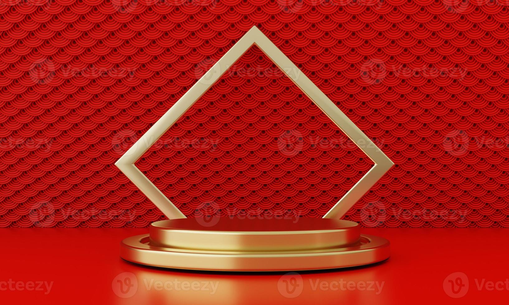 Chinese New Year red modern style one podium product showcase with golden ring frame Japanese style pattern background. Happy holiday traditional festival concept. 3D illustration rendering photo