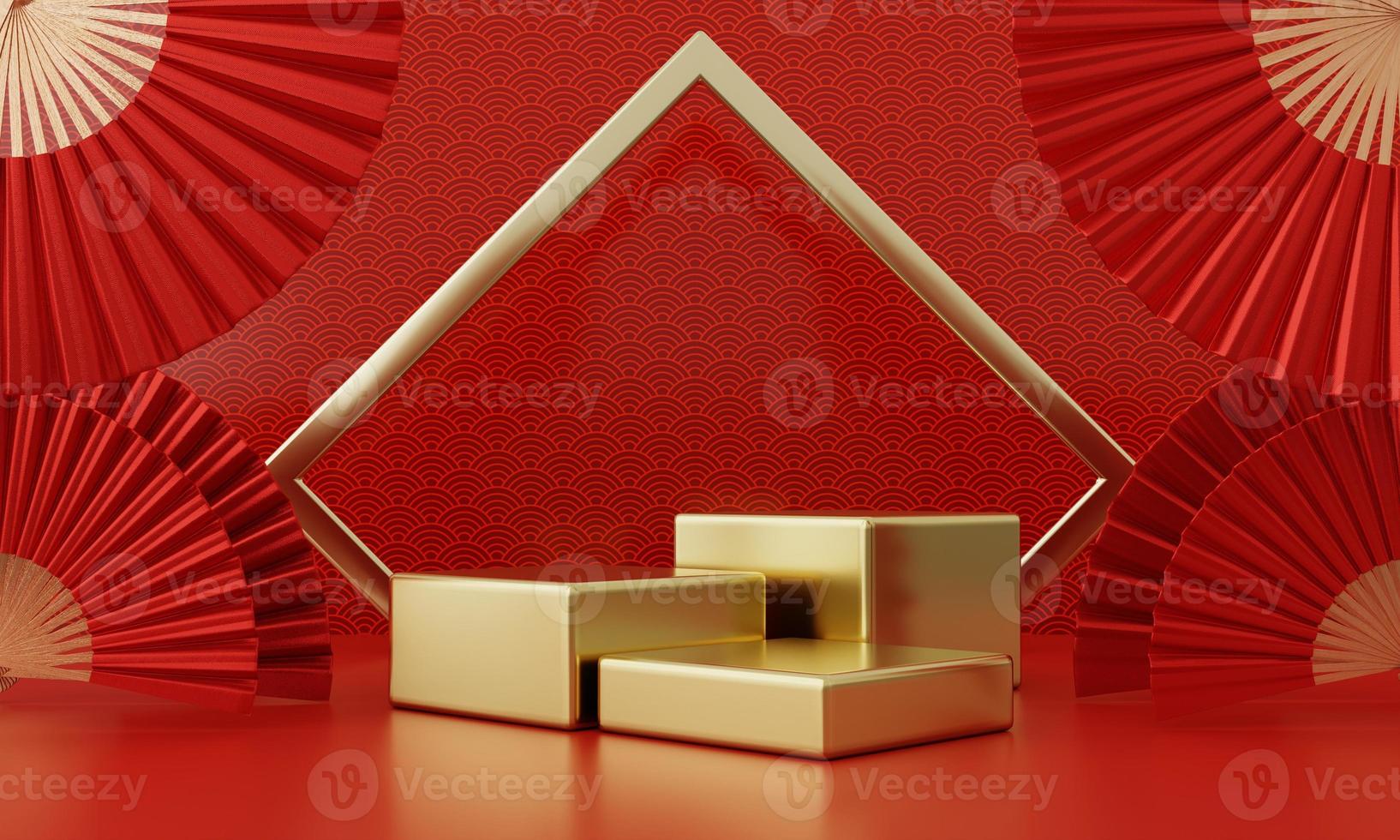 Chinese New Year red modern style three podium product showcase with golden ring frame Japanese style pattern background. Happy holiday traditional festival concept. 3D illustration rendering photo