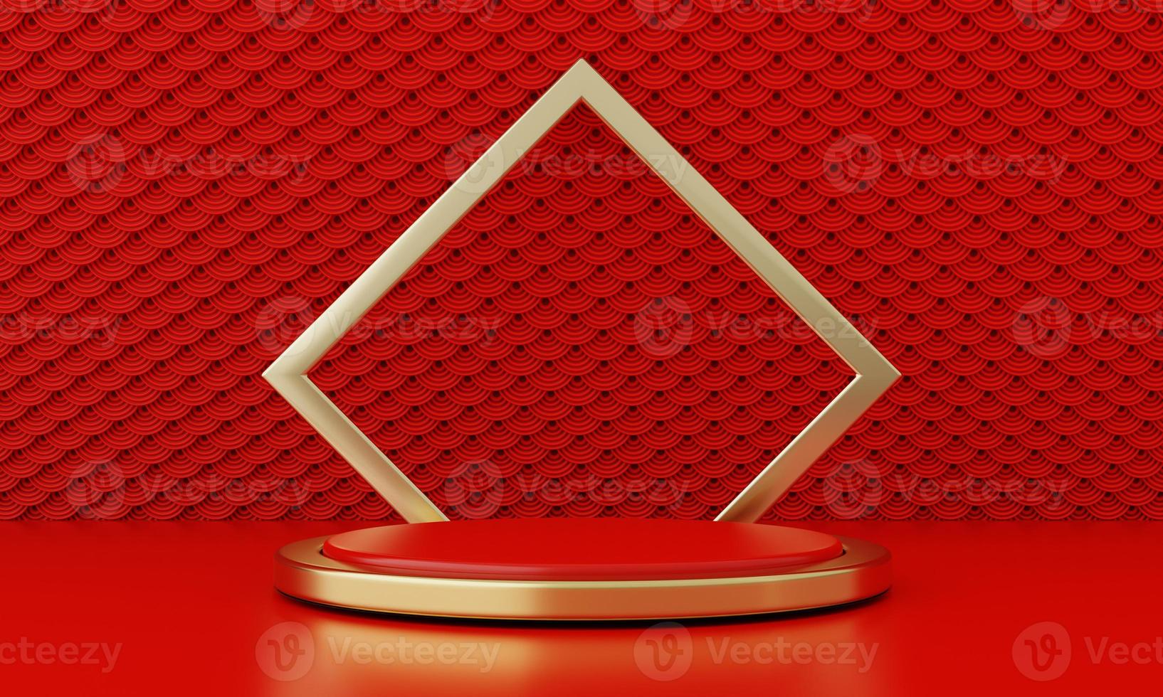 Chinese New Year red modern style one podium product showcase with golden ring frame Japanese style pattern background. Happy holiday traditional festival concept. 3D illustration rendering photo