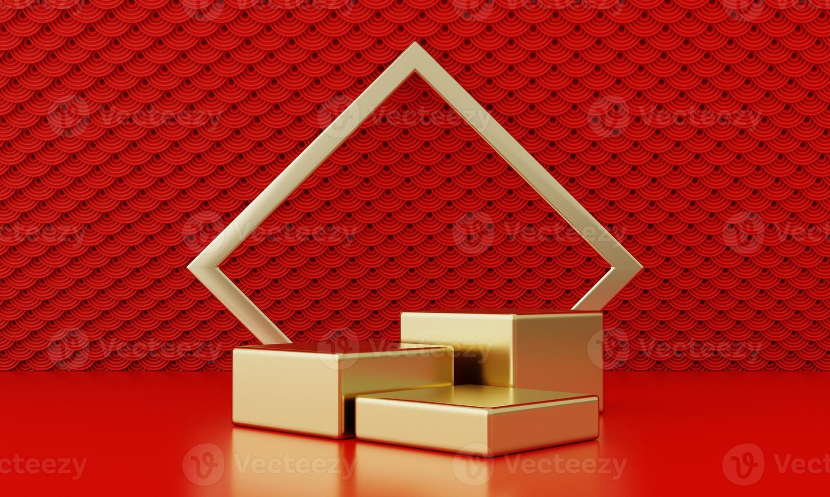 Chinese New Year red modern style three podium product showcase with golden ring frame Japanese style pattern background. Happy holiday traditional festival concept. 3D illustration rendering photo