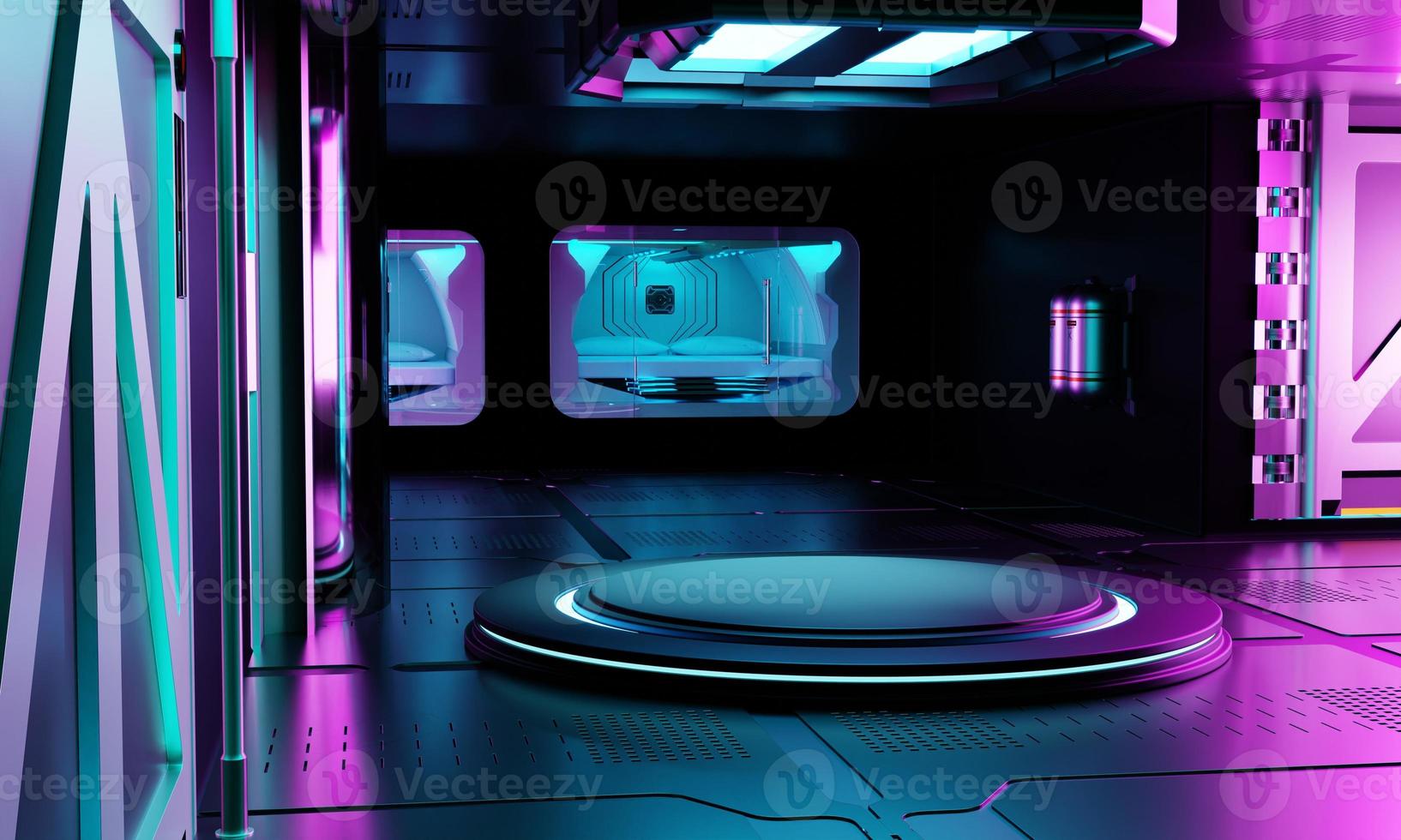 Inside spaceship laboratory interior architecture and empty podium for cyberpunk product presentation. Technology and Sci-fi concept. 3D illustration rendering photo