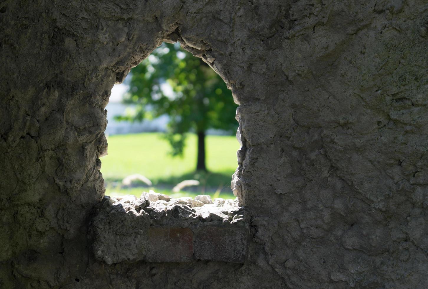 Fondo de piedra con ventana y vista del árbol verde borrosa. foto