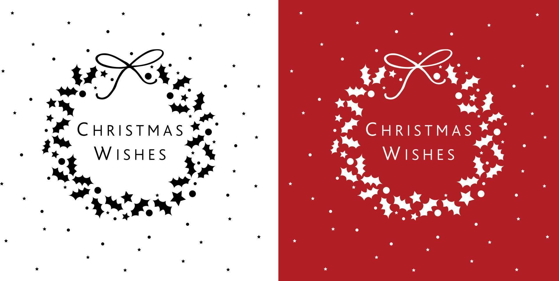 Christmas wishes wreath black on white, white on red background editable vector design for christmas card, print, decoration, scrapbooking, invitation, stencil, sticker, wallpaper, gift wrapping