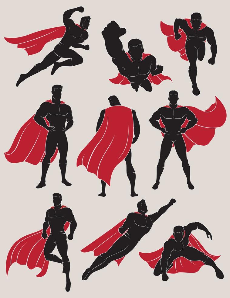 conjunto de superhéroe con capa roja en 9 poses diferentes vector