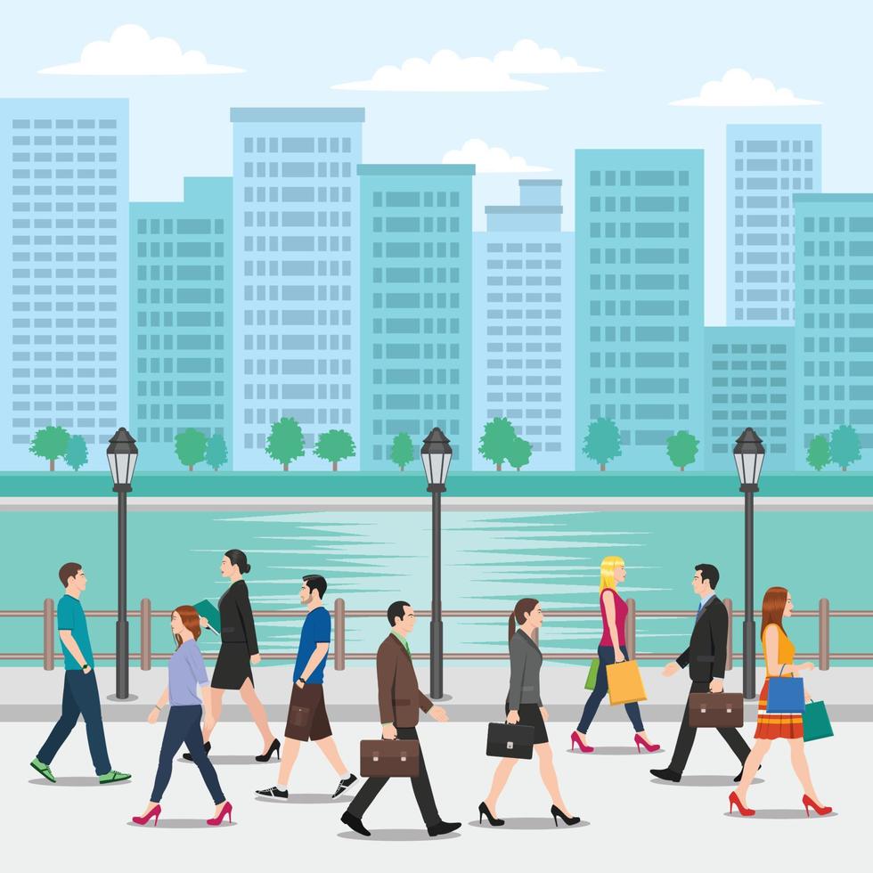 multitud de personas caminando por la calle con fondo de paisaje urbano vector