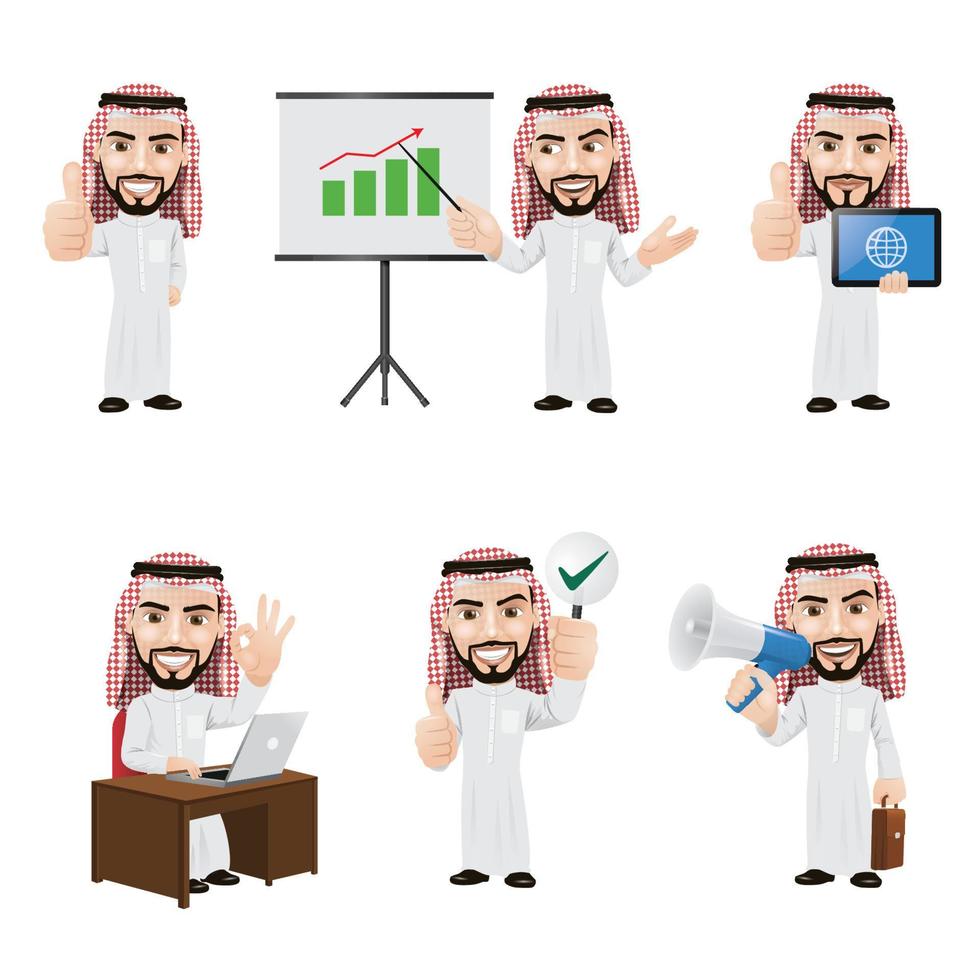 Set of Arabic Businessman Character in 6 Different Poses vector